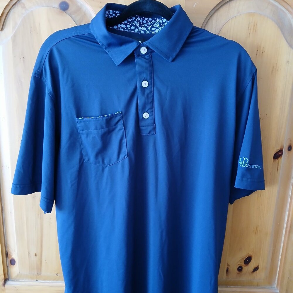 FOOTJOY Floral Trim Collar Pocket Polo Mens Medium Golf Navy FJ Prestwick (MN)